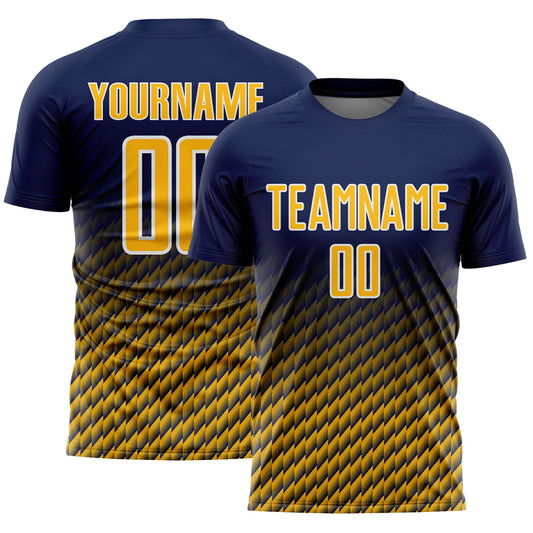 Custom Navy Gold-White Geometric Wave Gradient Sublimation Soccer Uniform Jersey - Main View