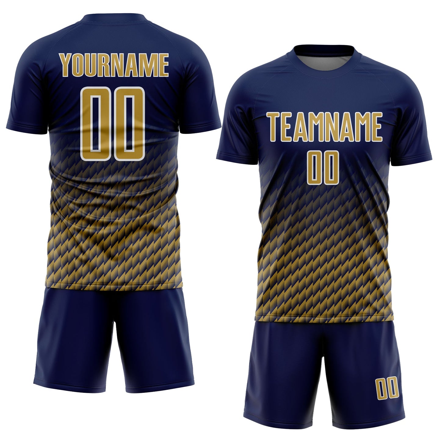 Custom Navy Old Gold-White Geometric Wave Gradient Sublimation Soccer Uniform Jersey view 2