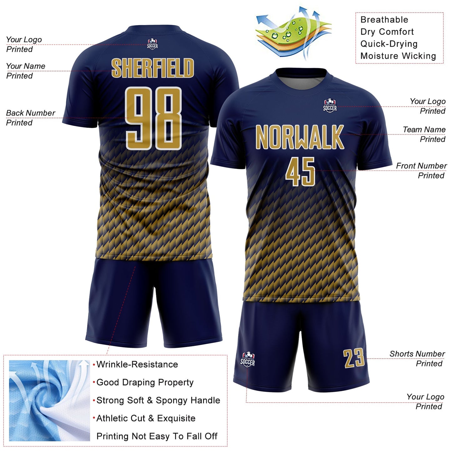 Custom Navy Old Gold-White Geometric Wave Gradient Sublimation Soccer Uniform Jersey view 4