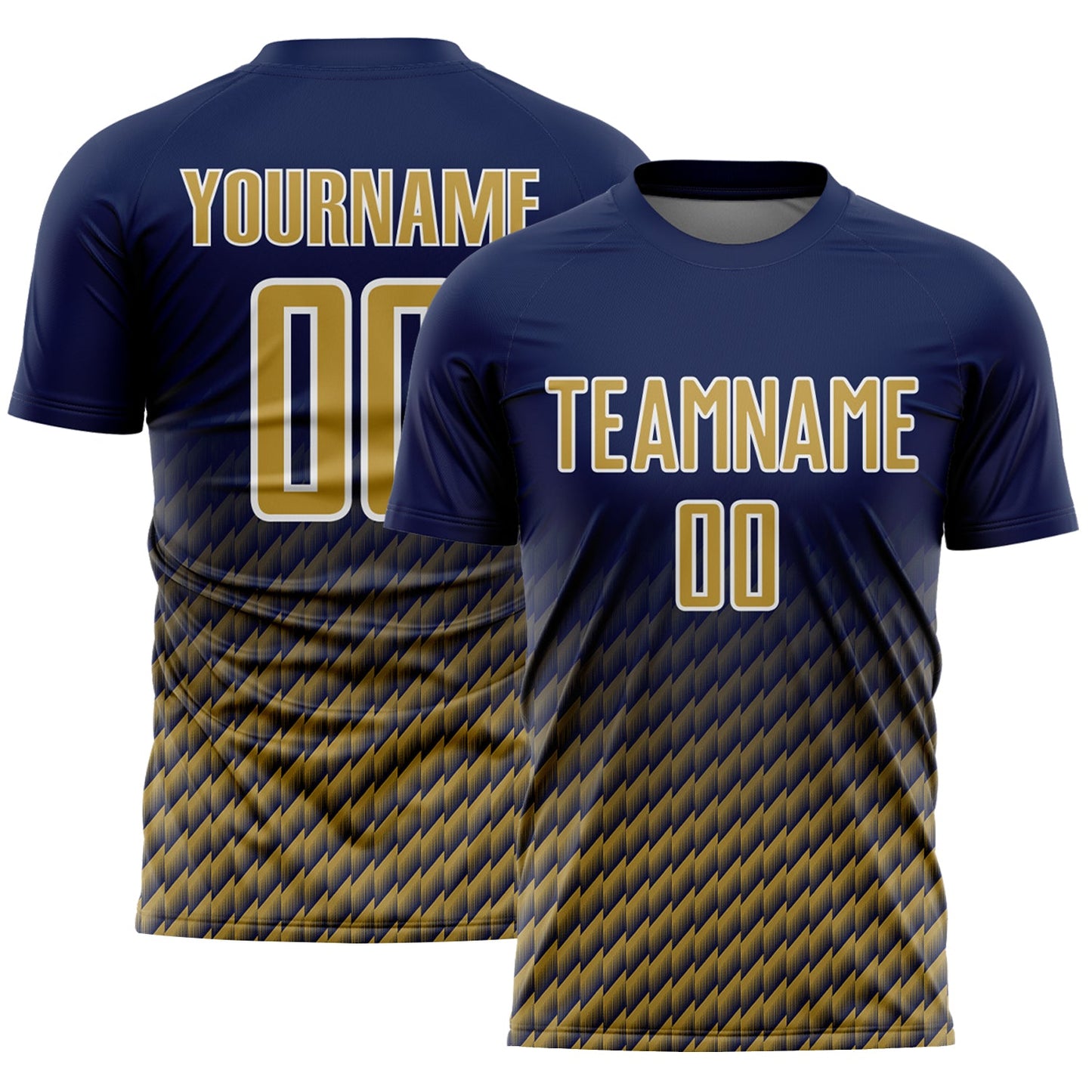 Custom Navy Old Gold-White Geometric Wave Gradient Sublimation Soccer Uniform Jersey - Main View