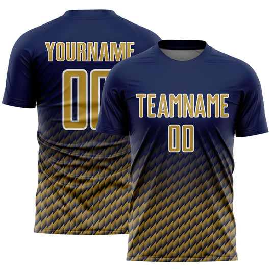 Custom Navy Old Gold-White Geometric Wave Gradient Sublimation Soccer Uniform Jersey - Main View