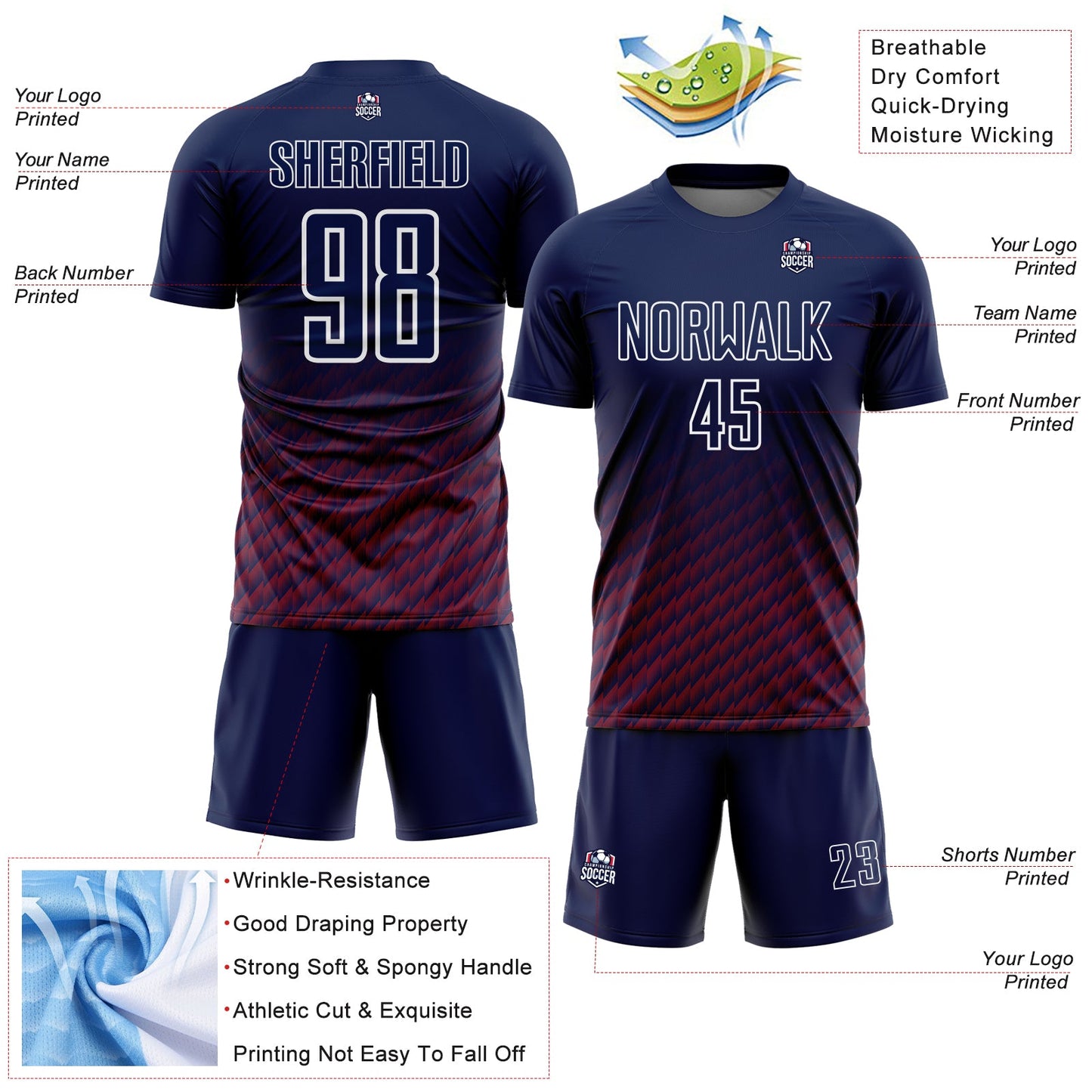 Custom Navy Crimson-White Geometric Wave Gradient Sublimation Soccer Uniform Jersey view 4