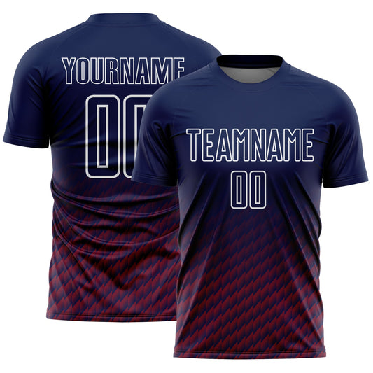 Custom Navy Crimson-White Geometric Wave Gradient Sublimation Soccer Uniform Jersey - Main View