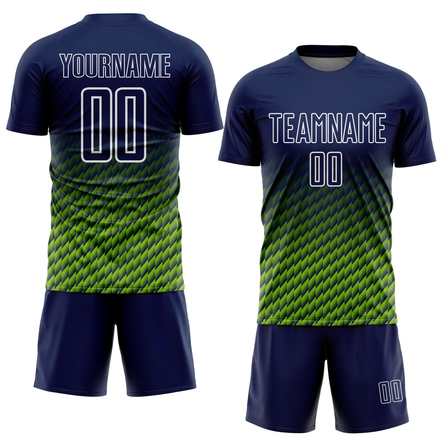Custom Navy Neon Green-White Geometric Wave Gradient Sublimation Soccer Uniform Jersey view 2