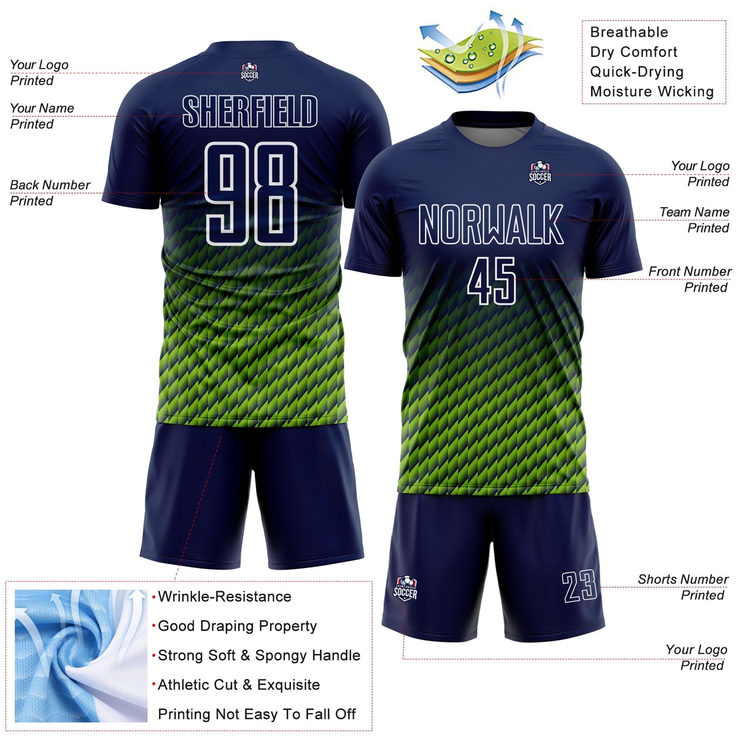 Custom Navy Neon Green-White Geometric Wave Gradient Sublimation Soccer Uniform Jersey view 4