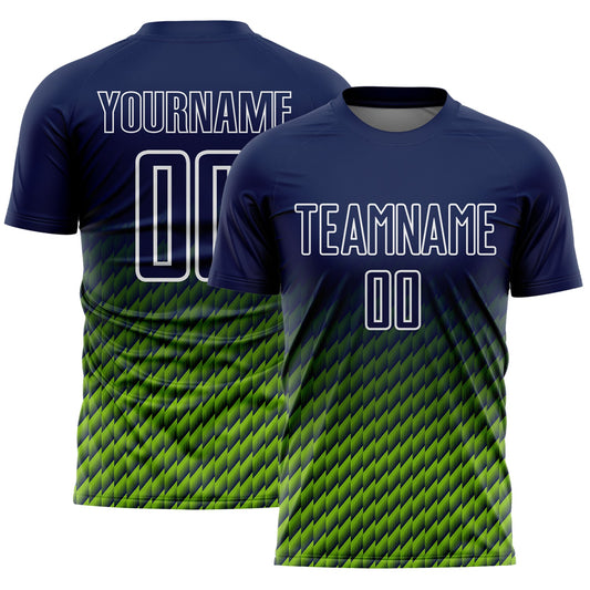 Custom Navy Neon Green-White Geometric Wave Gradient Sublimation Soccer Uniform Jersey - Main View