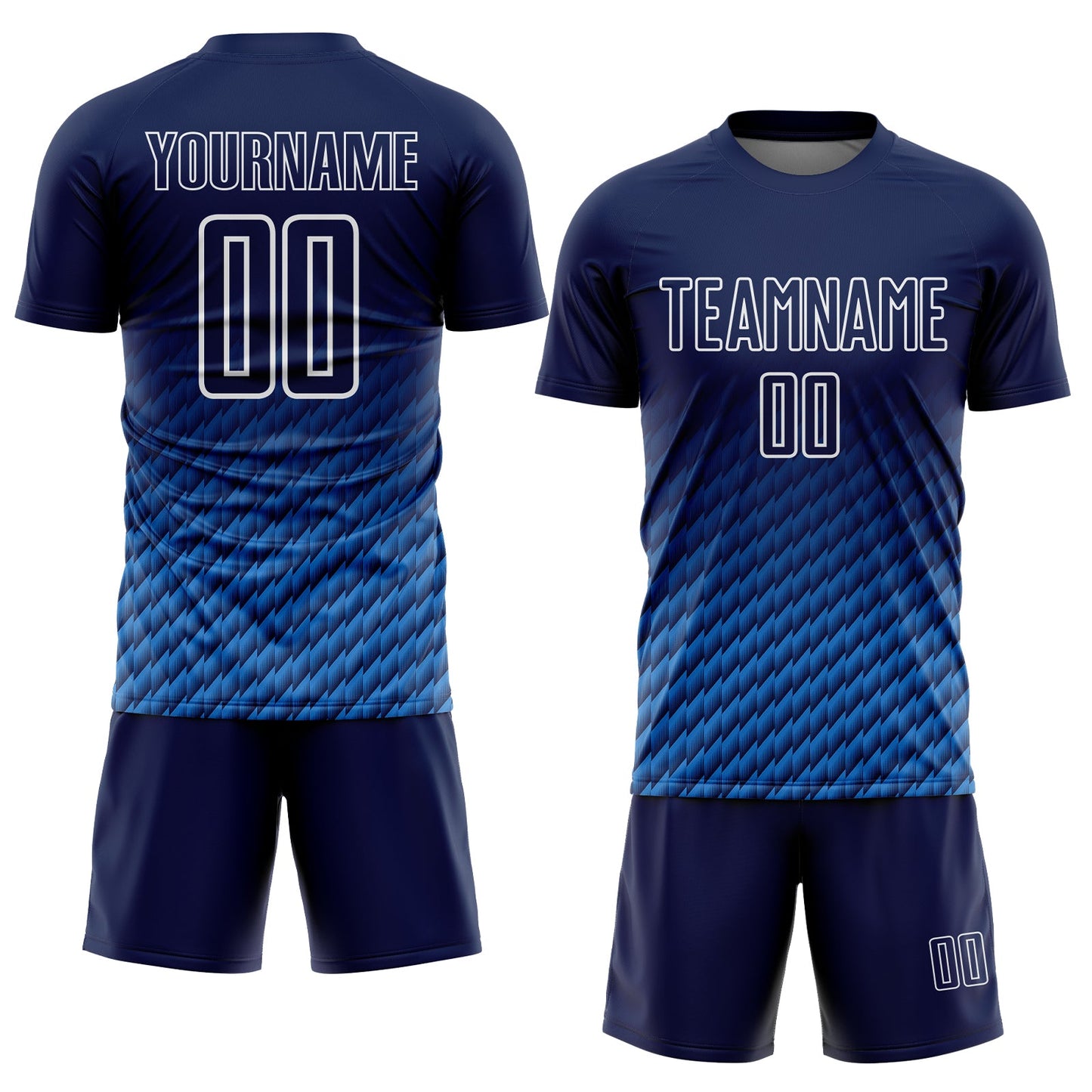 Custom Navy Powder Blue-White Geometric Wave Gradient Sublimation Soccer Uniform Jersey view 2