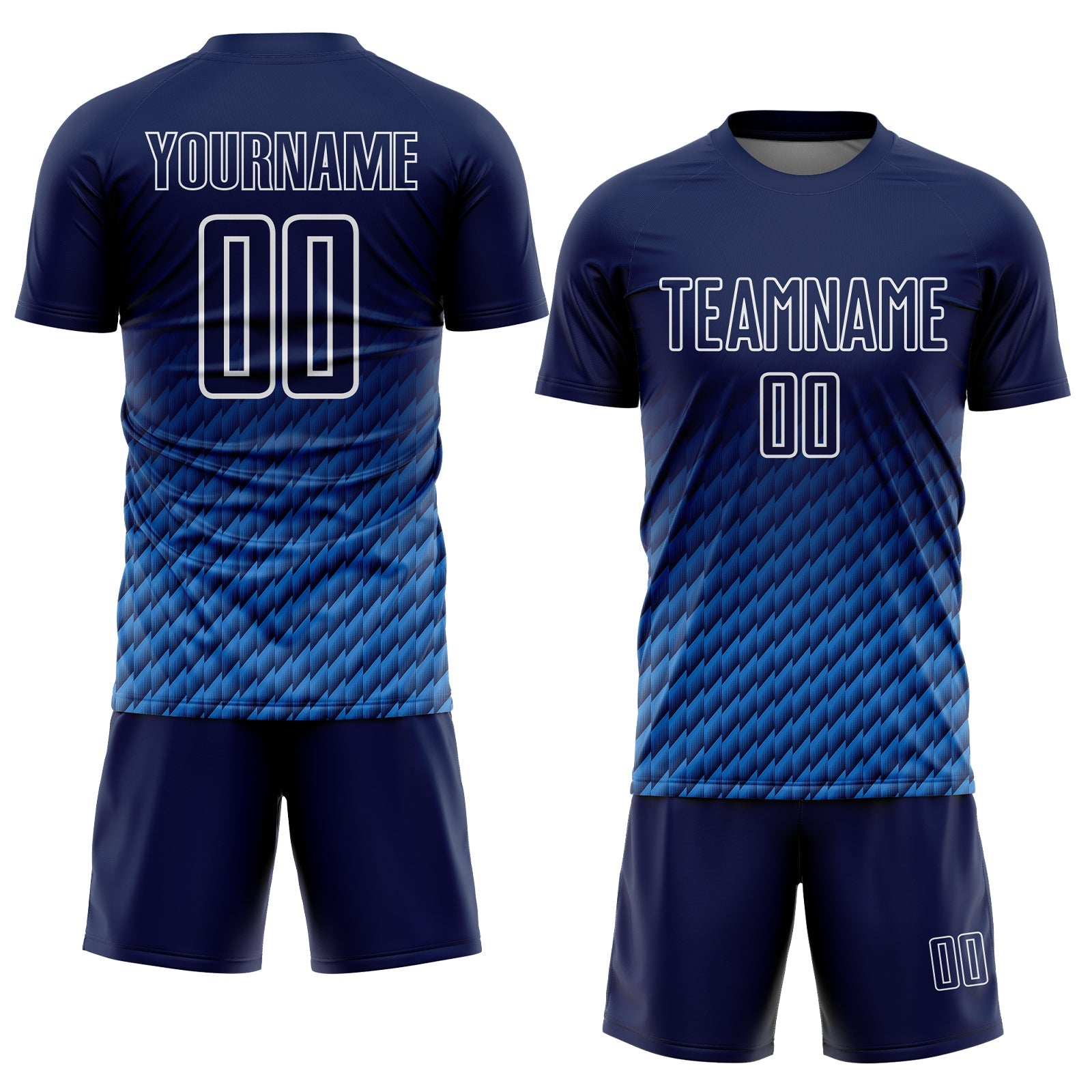 Custom Navy Powder Blue-White Geometric Wave Gradient Sublimation Soccer Uniform Jersey view 2