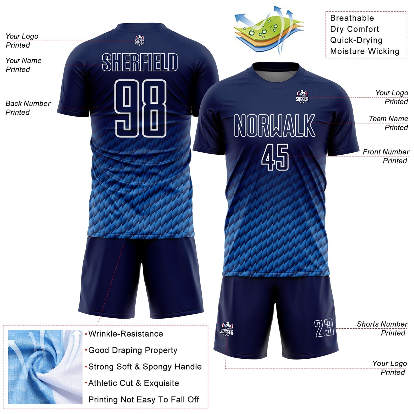Custom Navy Powder Blue-White Geometric Wave Gradient Sublimation Soccer Uniform Jersey view 4
