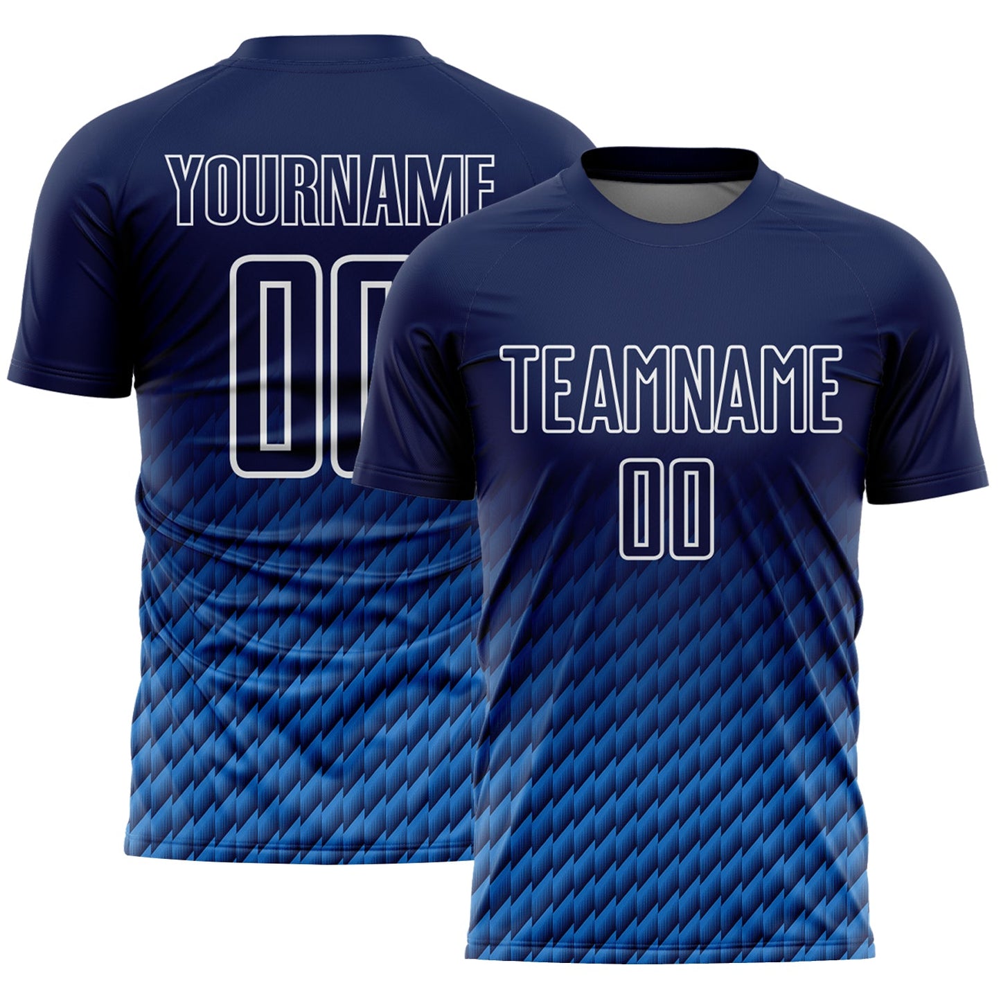 Custom Navy Powder Blue-White Geometric Wave Gradient Sublimation Soccer Uniform Jersey - Main View
