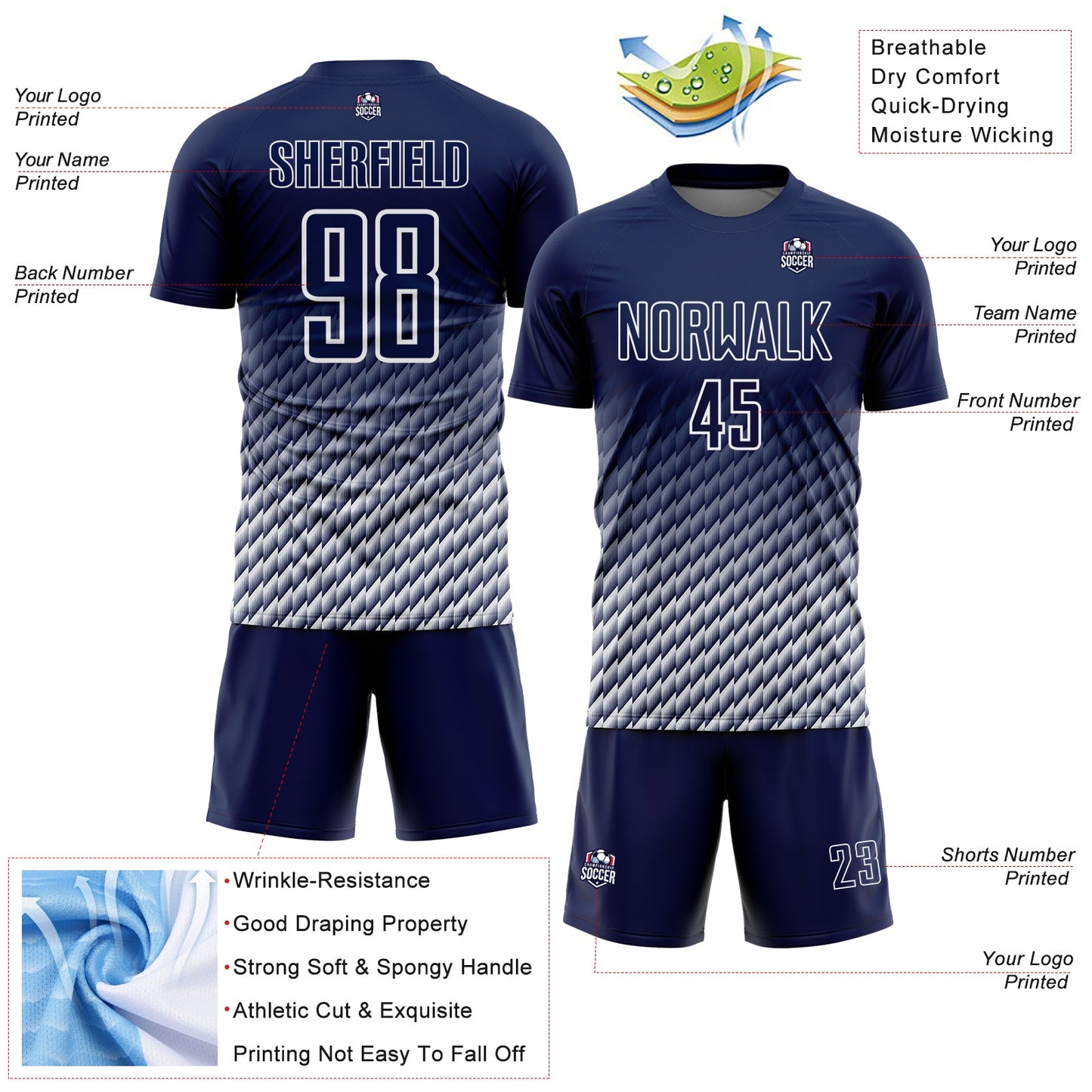 Custom Navy-White Geometric Wave Gradient Sublimation Soccer Uniform Jersey view 4