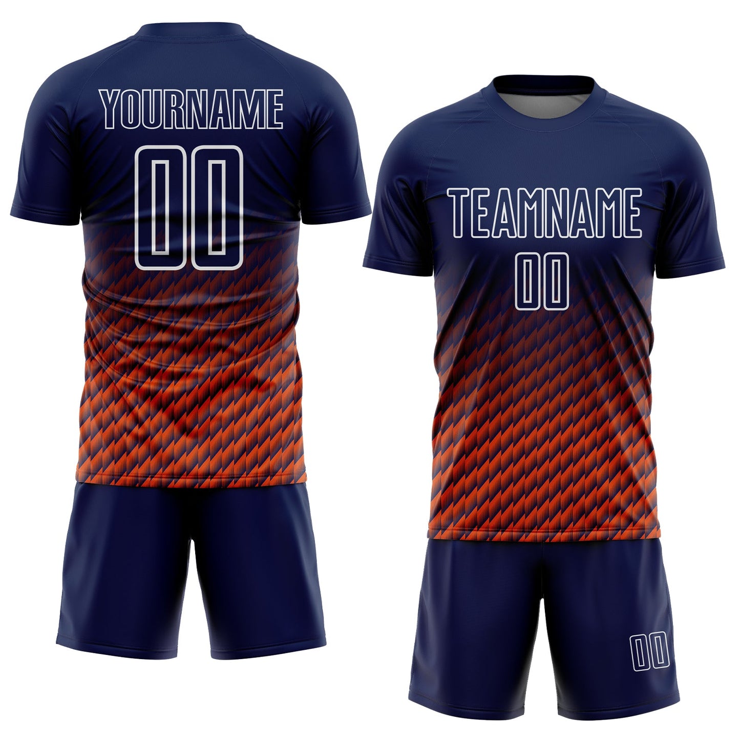 Custom Navy Orange-White Geometric Wave Gradient Sublimation Soccer Uniform Jersey view 2