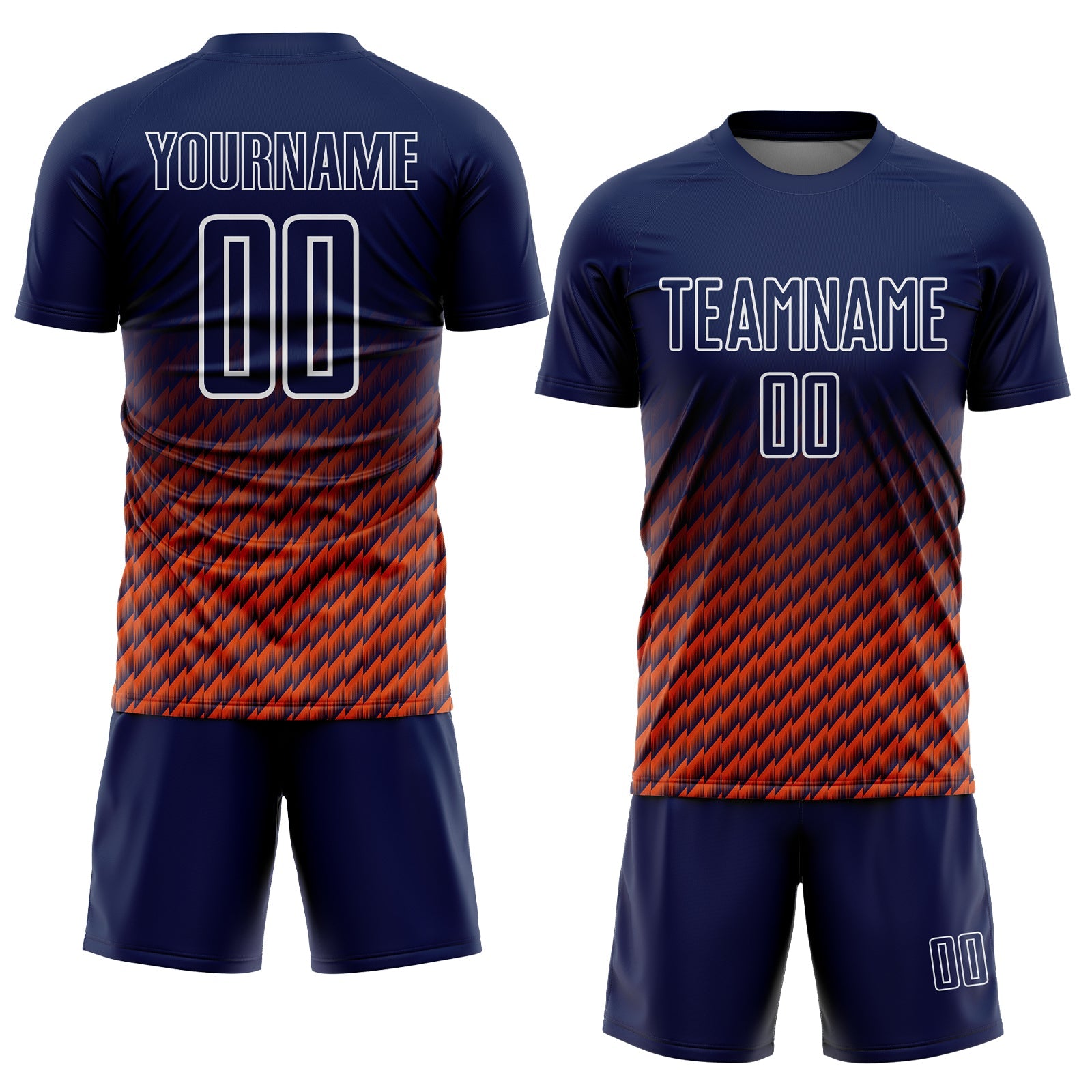 Custom Navy Orange-White Geometric Wave Gradient Sublimation Soccer Uniform Jersey view 2