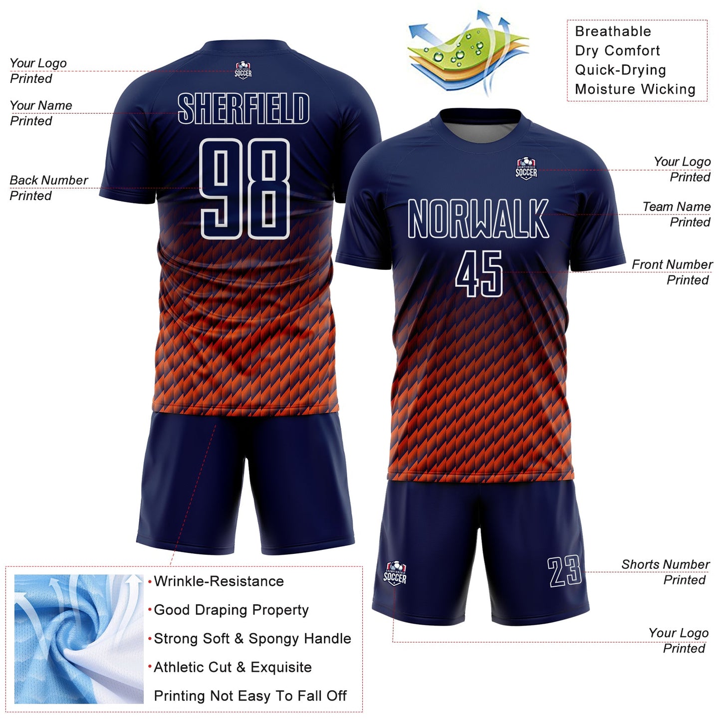 Custom Navy Orange-White Geometric Wave Gradient Sublimation Soccer Uniform Jersey view 4