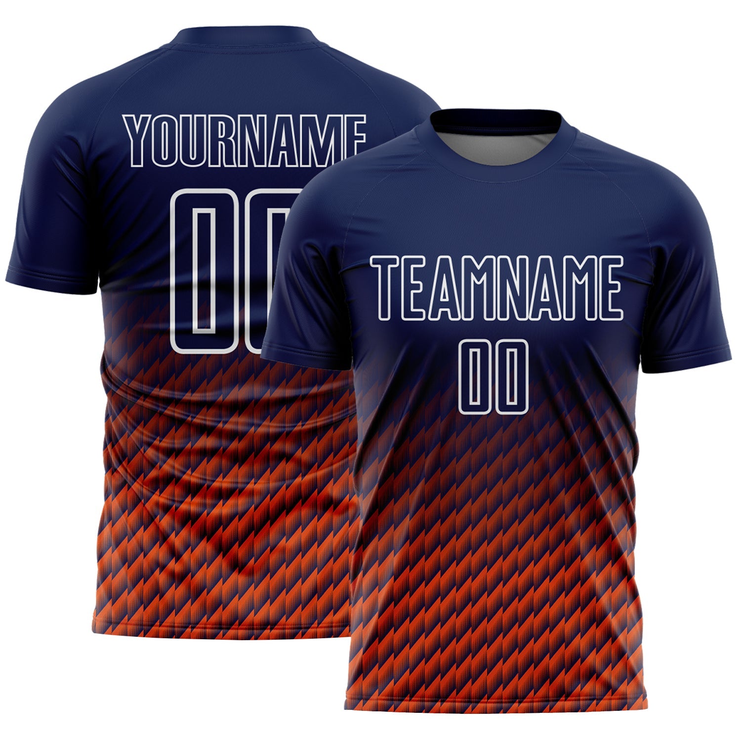 Custom Navy Orange-White Geometric Wave Gradient Sublimation Soccer Uniform Jersey - Main View