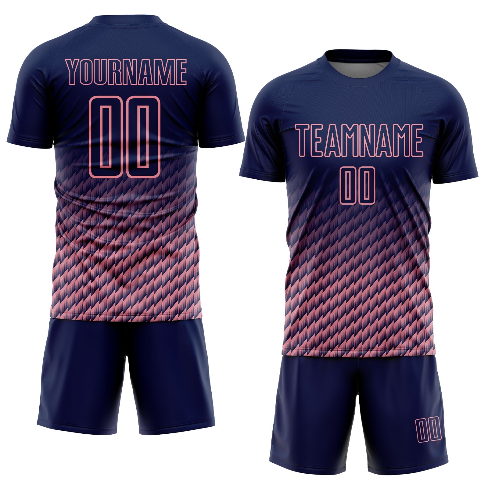 Custom Navy-Medium Pink Geometric Wave Gradient Sublimation Soccer Uniform Jersey view 2