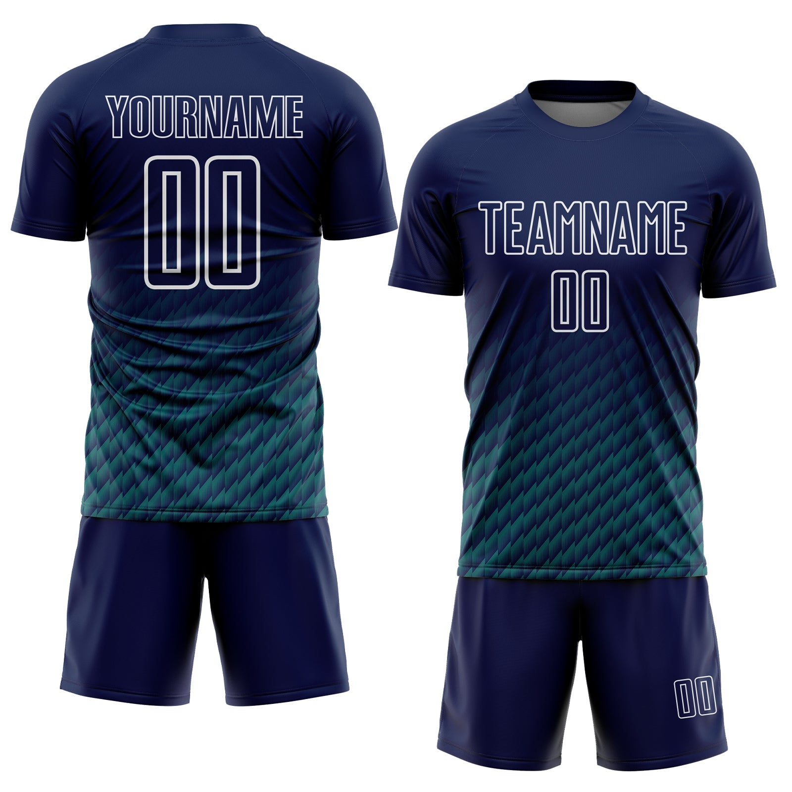 Custom Navy Teal-White Geometric Wave Gradient Sublimation Soccer Uniform Jersey view 2