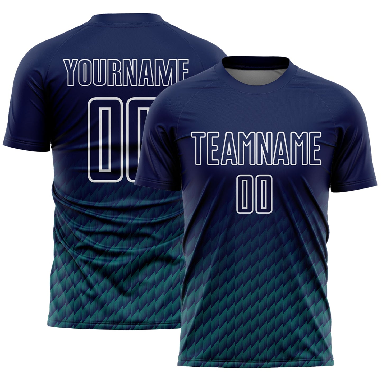 Custom Navy Teal-White Geometric Wave Gradient Sublimation Soccer Uniform Jersey - Main View
