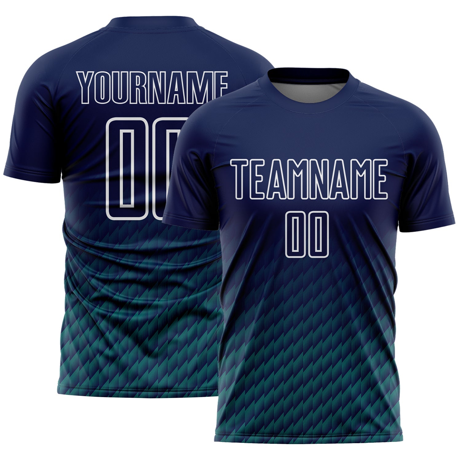 Custom Navy Teal-White Geometric Wave Gradient Sublimation Soccer Uniform Jersey - Main View