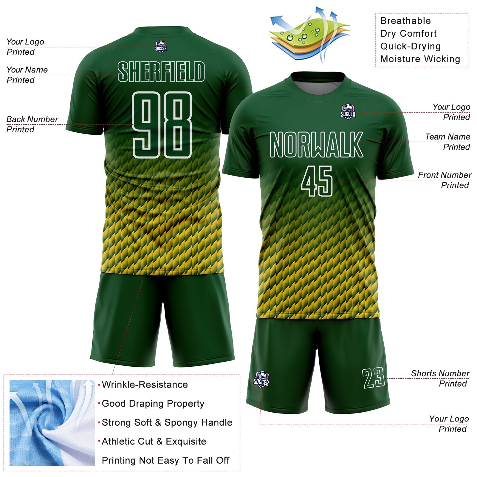 Custom Green Yellow-White Geometric Wave Gradient Sublimation Soccer Uniform Jersey view 4