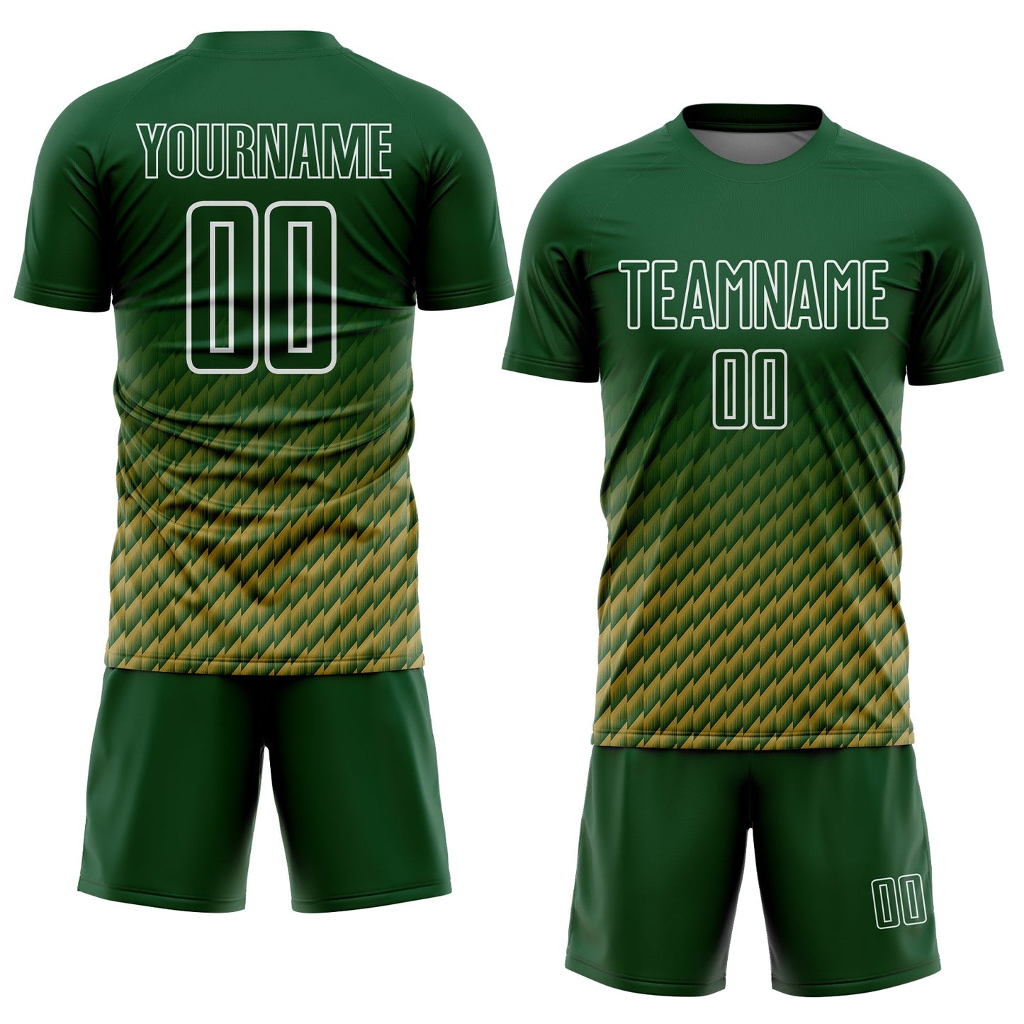 Custom Green Old Gold-White Geometric Wave Gradient Sublimation Soccer Uniform Jersey view 2
