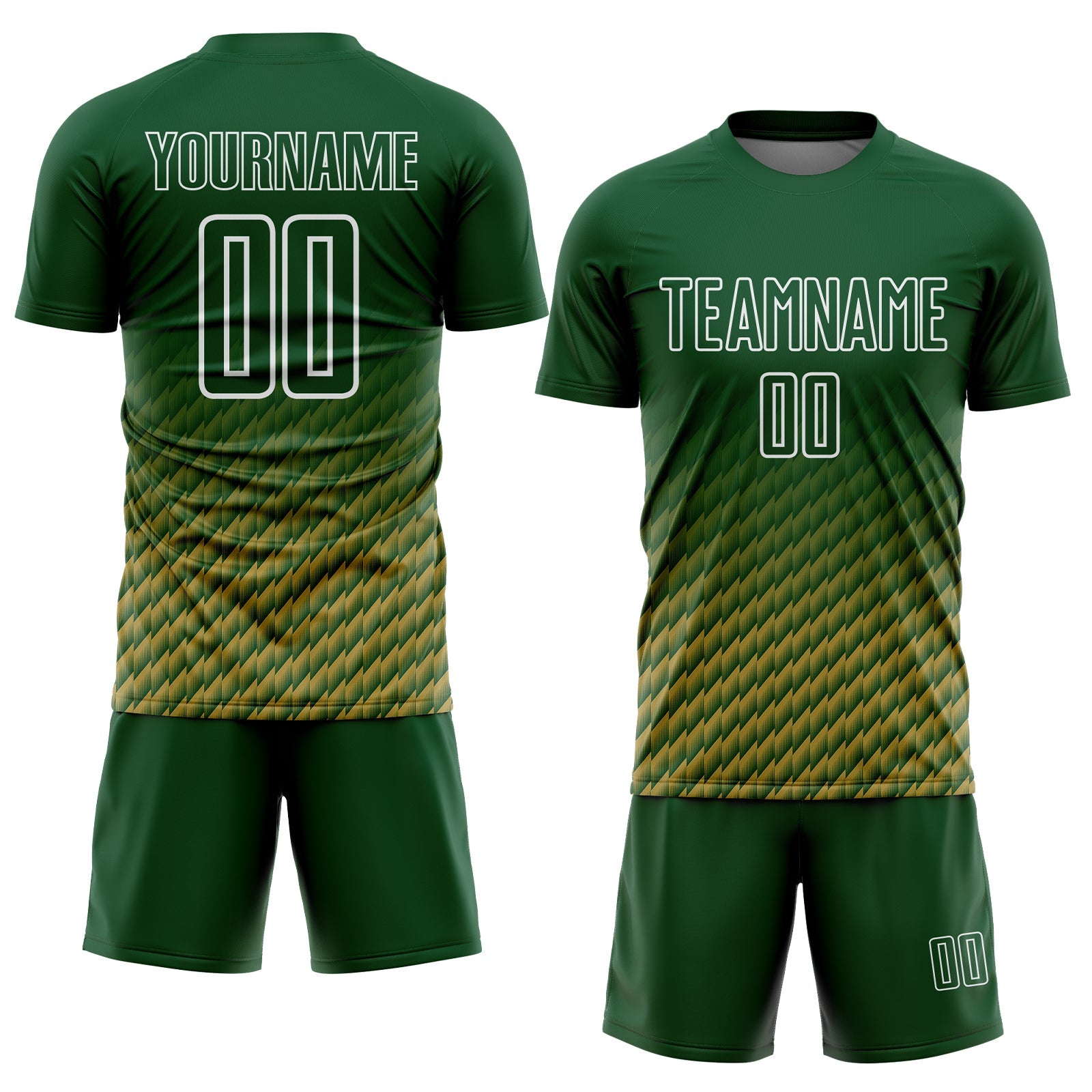 Custom Green Old Gold-White Geometric Wave Gradient Sublimation Soccer Uniform Jersey view 2