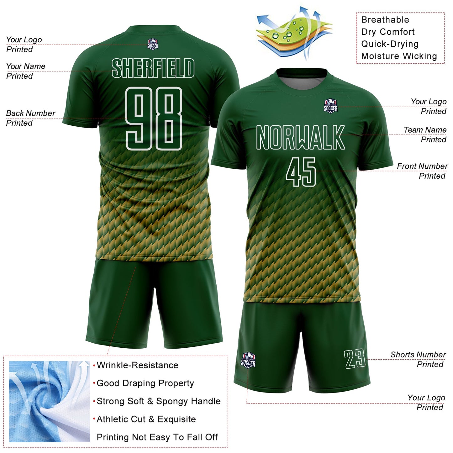 Custom Green Old Gold-White Geometric Wave Gradient Sublimation Soccer Uniform Jersey view 4