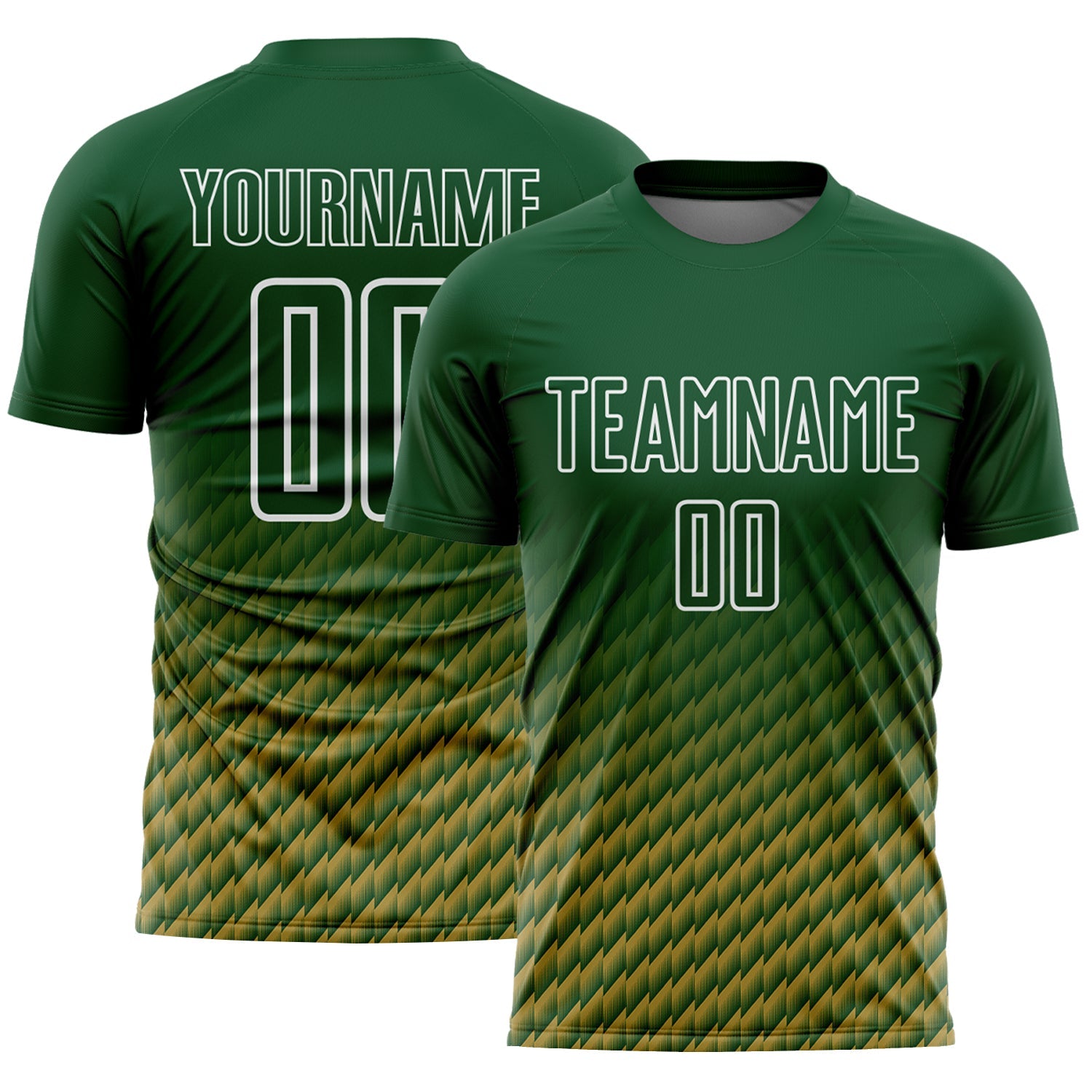 Custom Green Old Gold-White Geometric Wave Gradient Sublimation Soccer Uniform Jersey - Main View