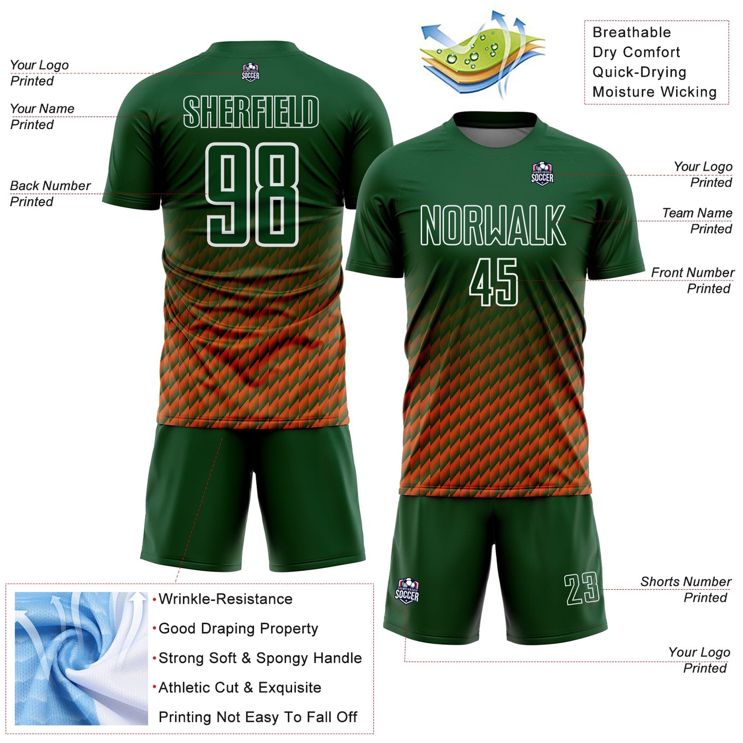 Custom Green Orange-White Geometric Wave Gradient Sublimation Soccer Uniform Jersey view 4