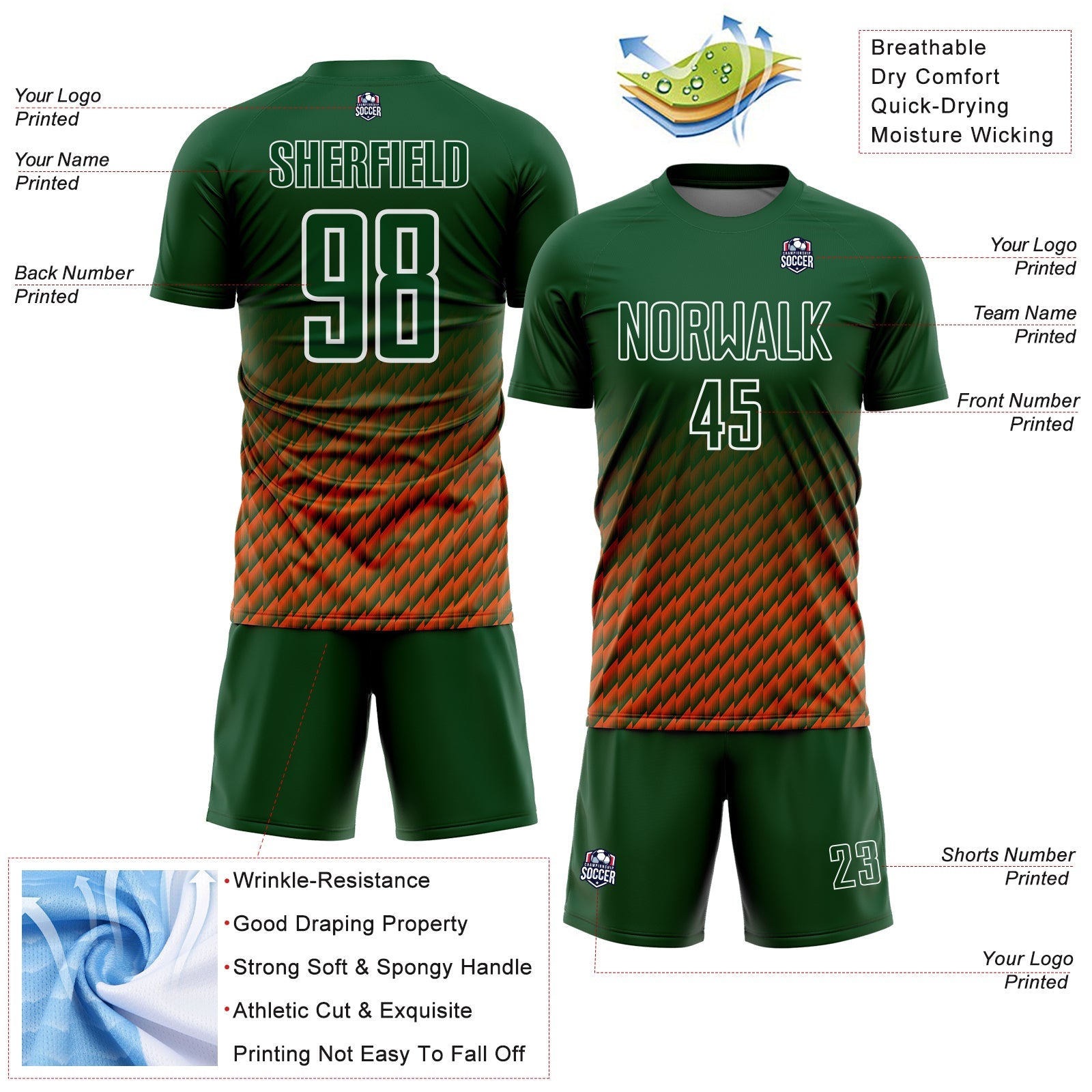 Custom Green Orange-White Geometric Wave Gradient Sublimation Soccer Uniform Jersey view 4