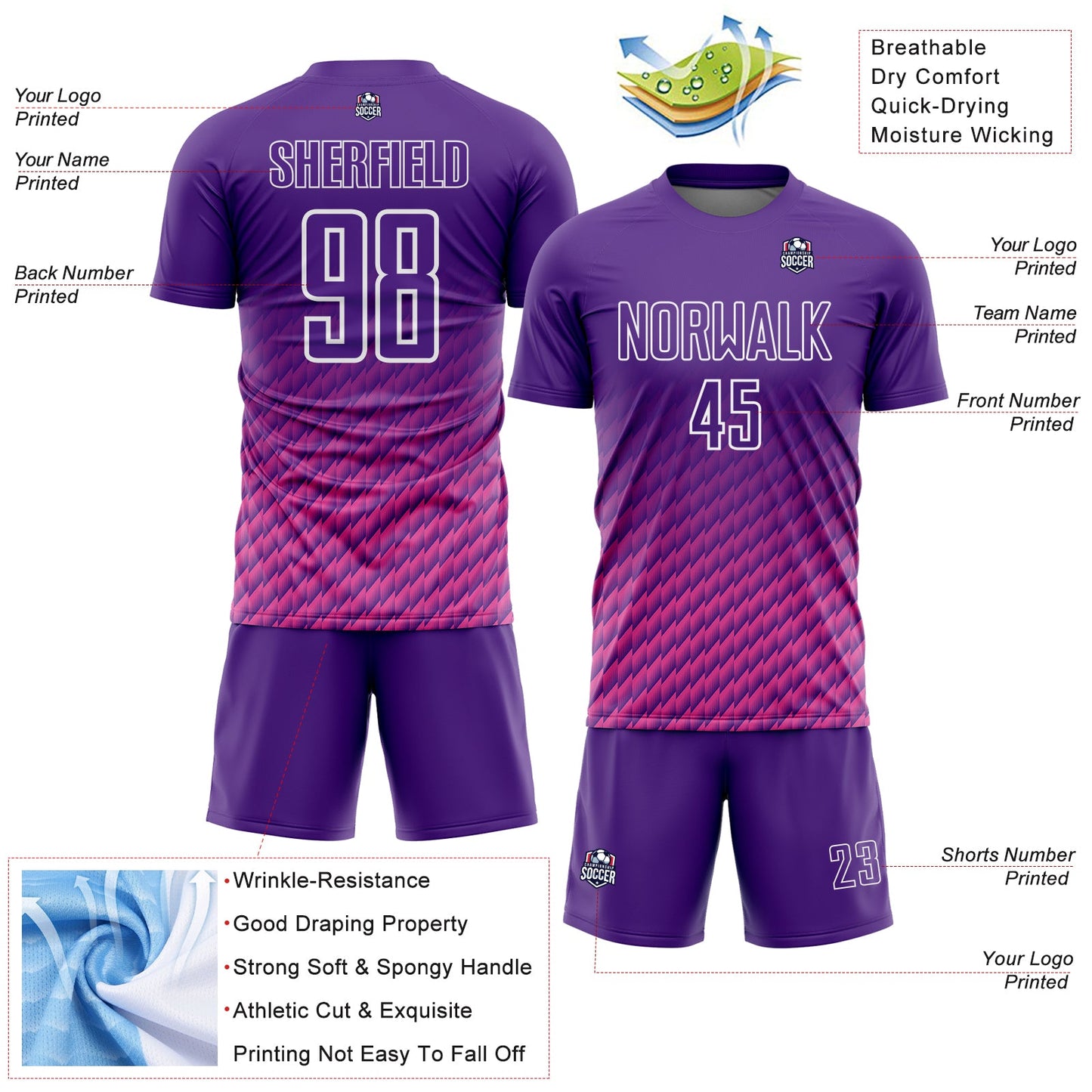 Custom Purple Pink-White Geometric Wave Gradient Sublimation Soccer Uniform Jersey view 4