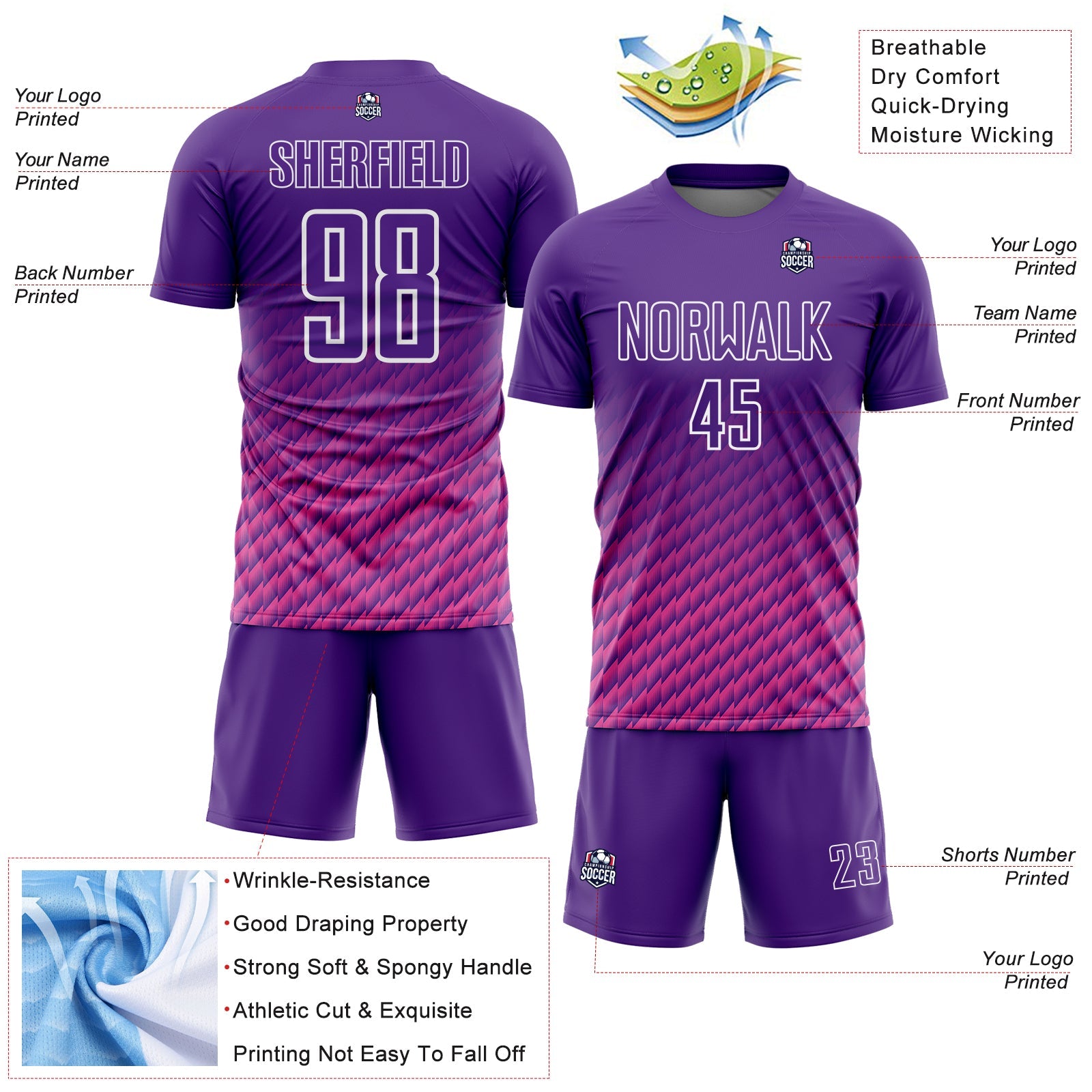 Custom Purple Pink-White Geometric Wave Gradient Sublimation Soccer Uniform Jersey view 4