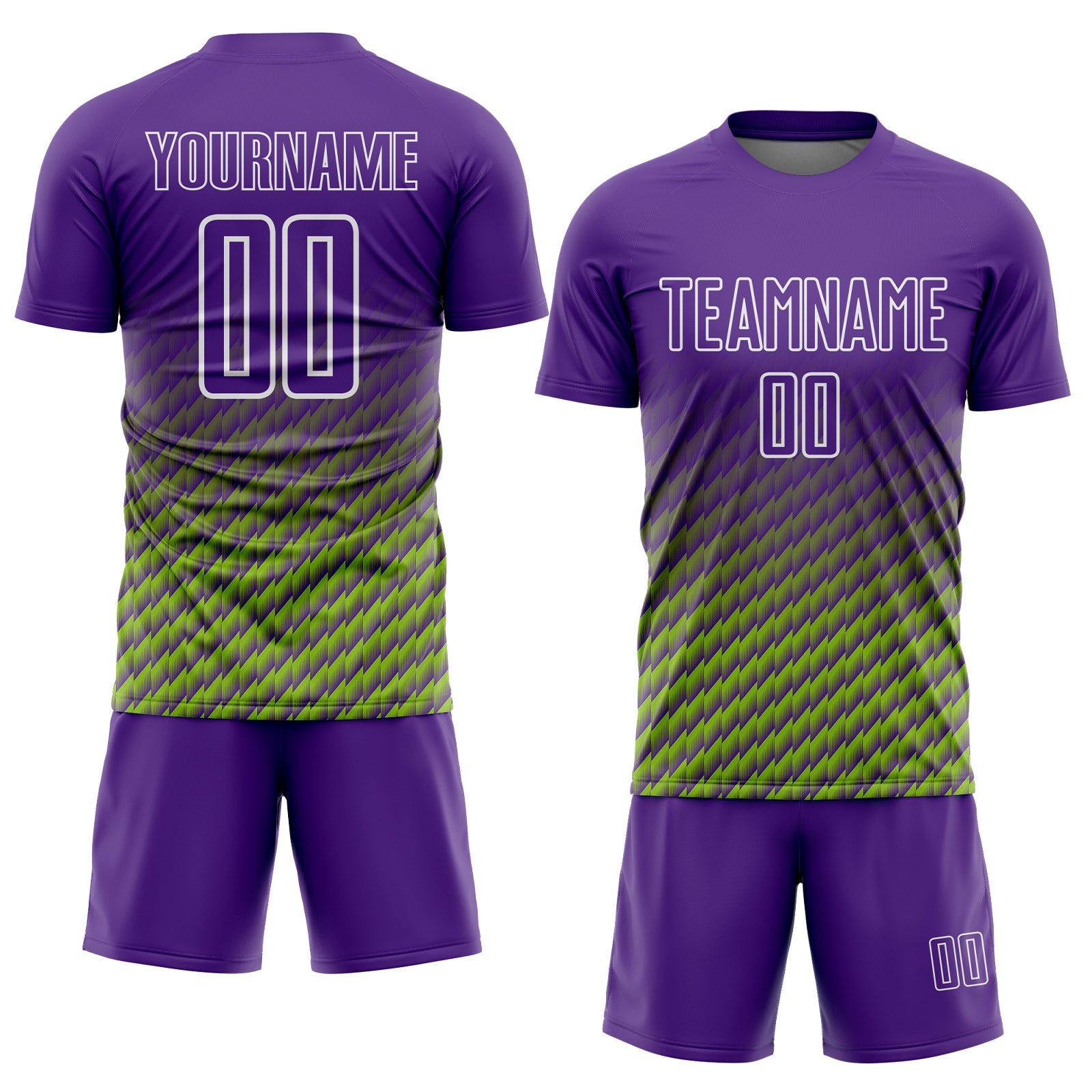 Custom Purple Neon Green-White Geometric Wave Gradient Sublimation Soccer Uniform Jersey view 2
