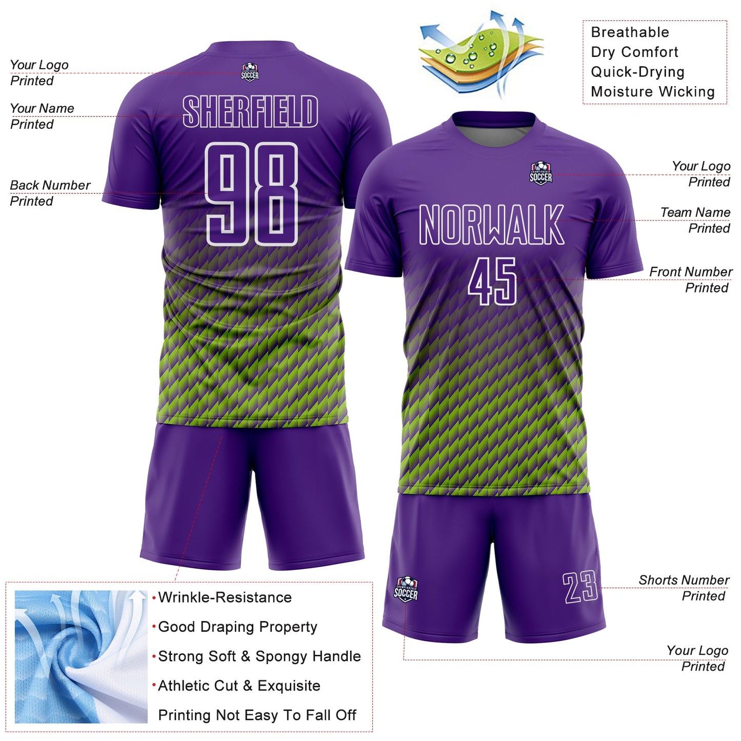 Custom Purple Neon Green-White Geometric Wave Gradient Sublimation Soccer Uniform Jersey view 4