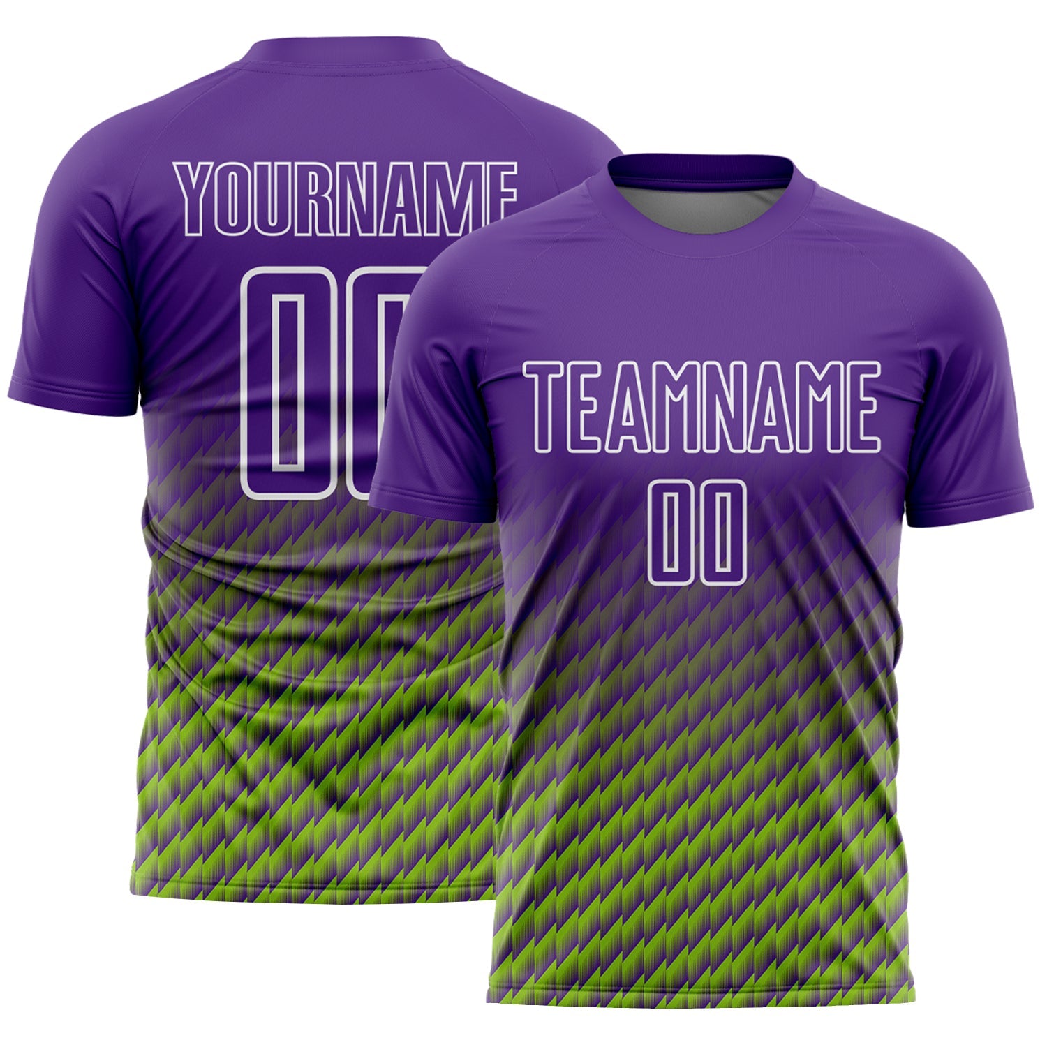 Custom Purple Neon Green-White Geometric Wave Gradient Sublimation Soccer Uniform Jersey - Main View
