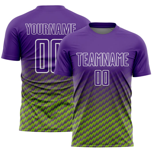 Custom Purple Neon Green-White Geometric Wave Gradient Sublimation Soccer Uniform Jersey - Main View
