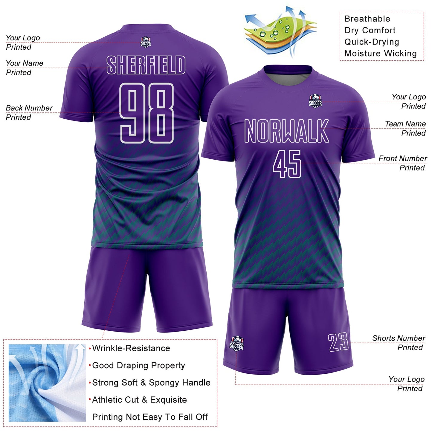 Custom Purple Teal-White Geometric Wave Gradient Sublimation Soccer Uniform Jersey view 4