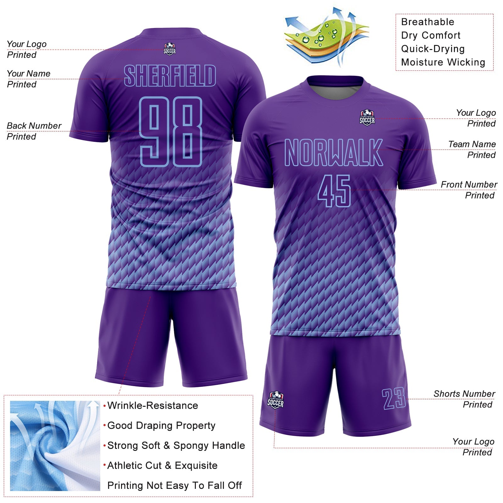 Custom Purple-Light Blue Geometric Wave Gradient Sublimation Soccer Uniform Jersey view 4