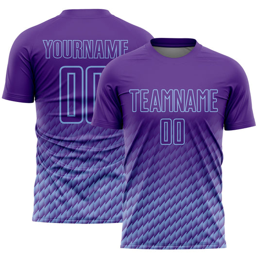 Custom Purple-Light Blue Geometric Wave Gradient Sublimation Soccer Uniform Jersey - Main View
