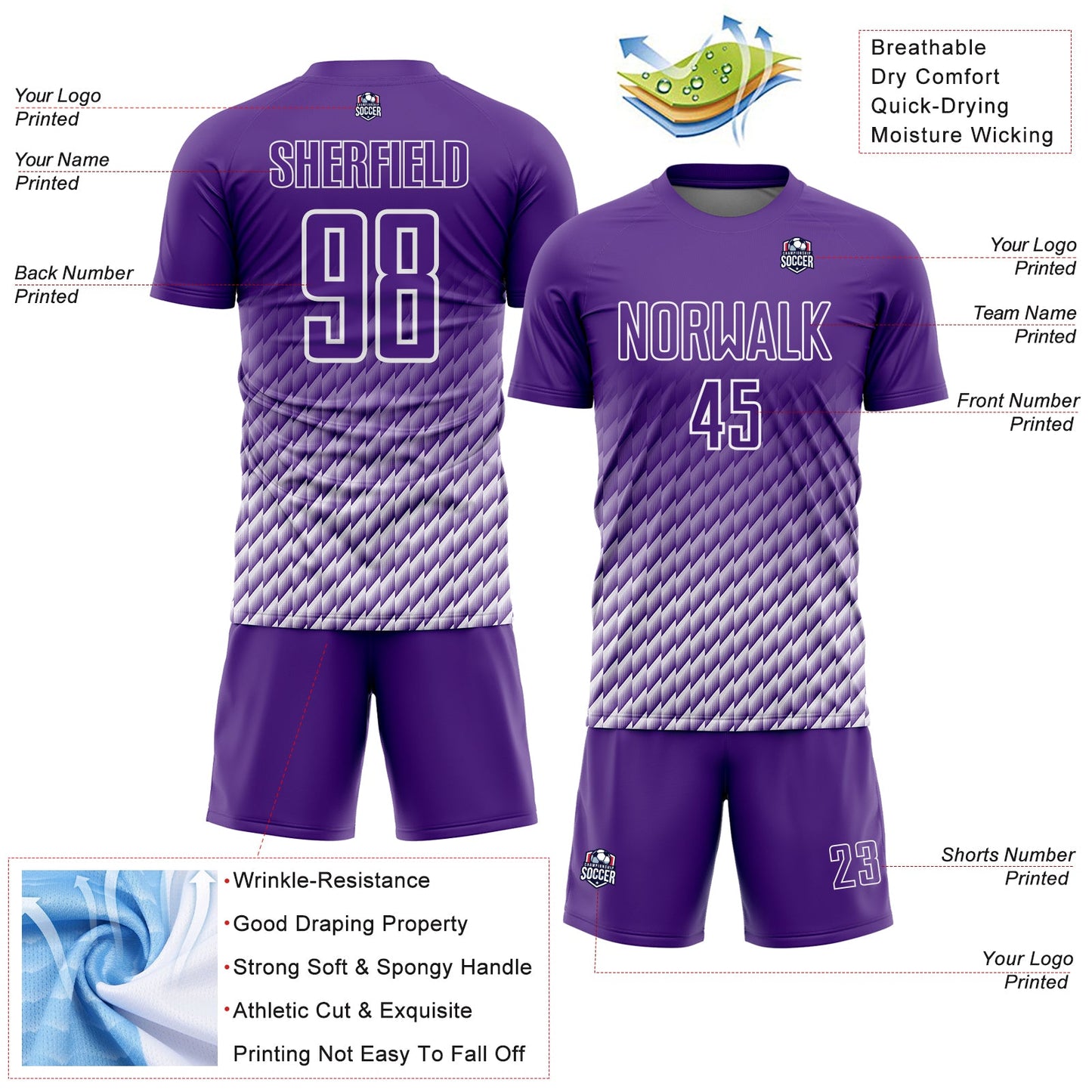 Custom Purple-White Geometric Wave Gradient Sublimation Soccer Uniform Jersey view 4