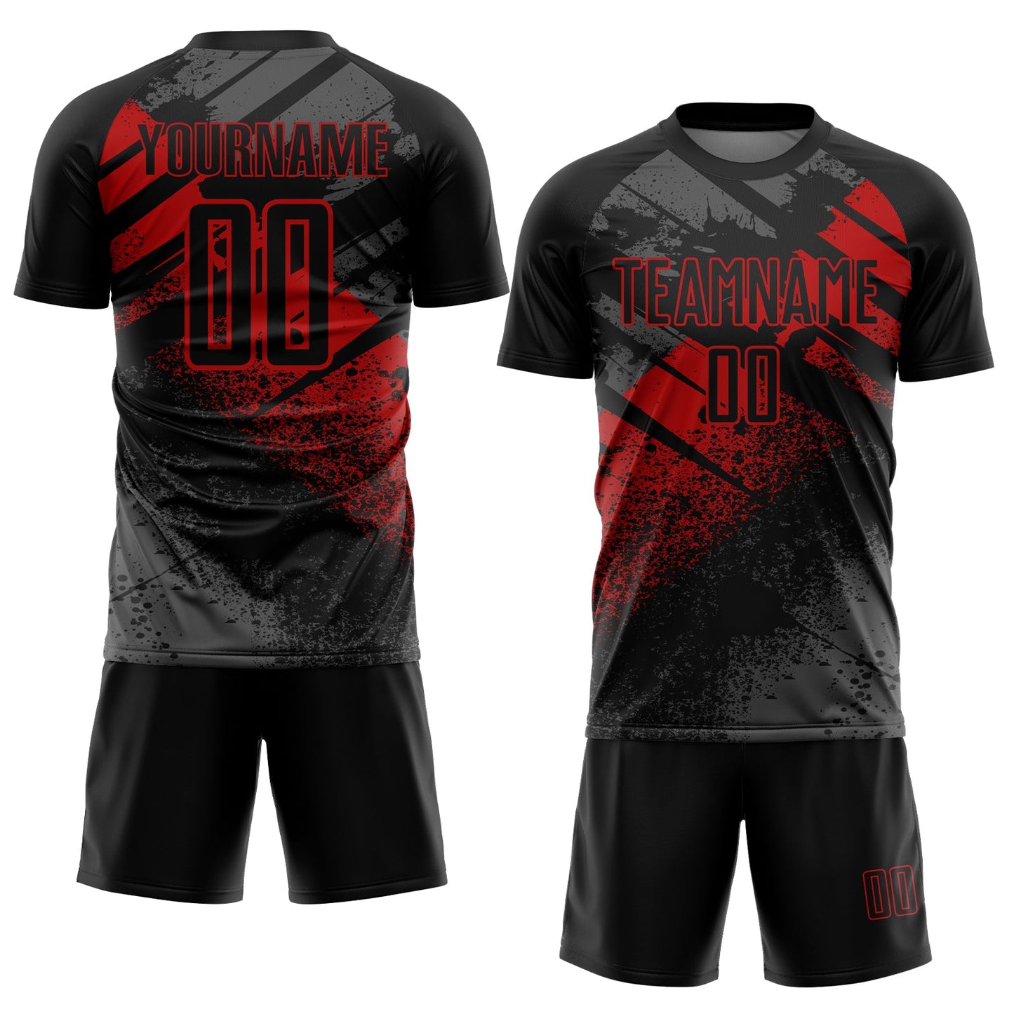 Custom Black-Red Grunge Splatter Brush Stroke Sublimation Soccer Uniform Jersey view 2