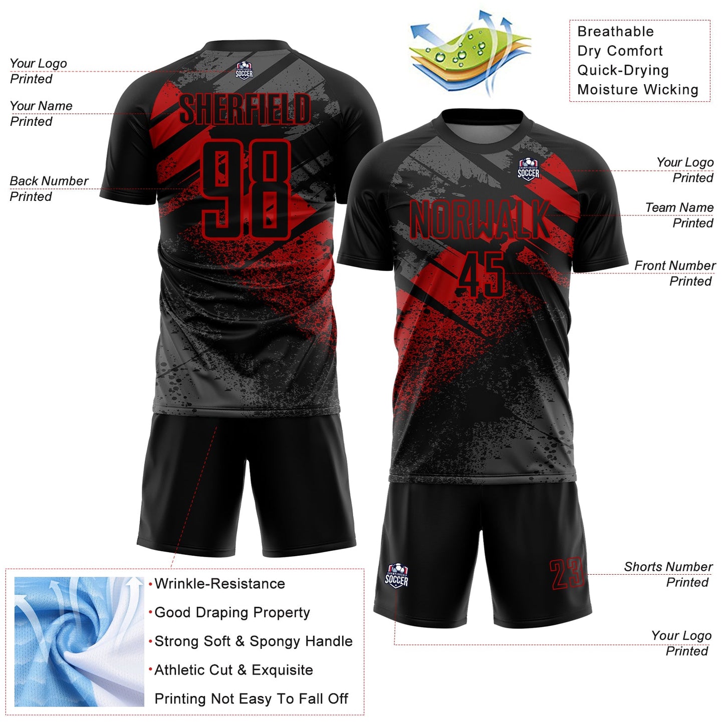 Custom Black-Red Grunge Splatter Brush Stroke Sublimation Soccer Uniform Jersey view 4