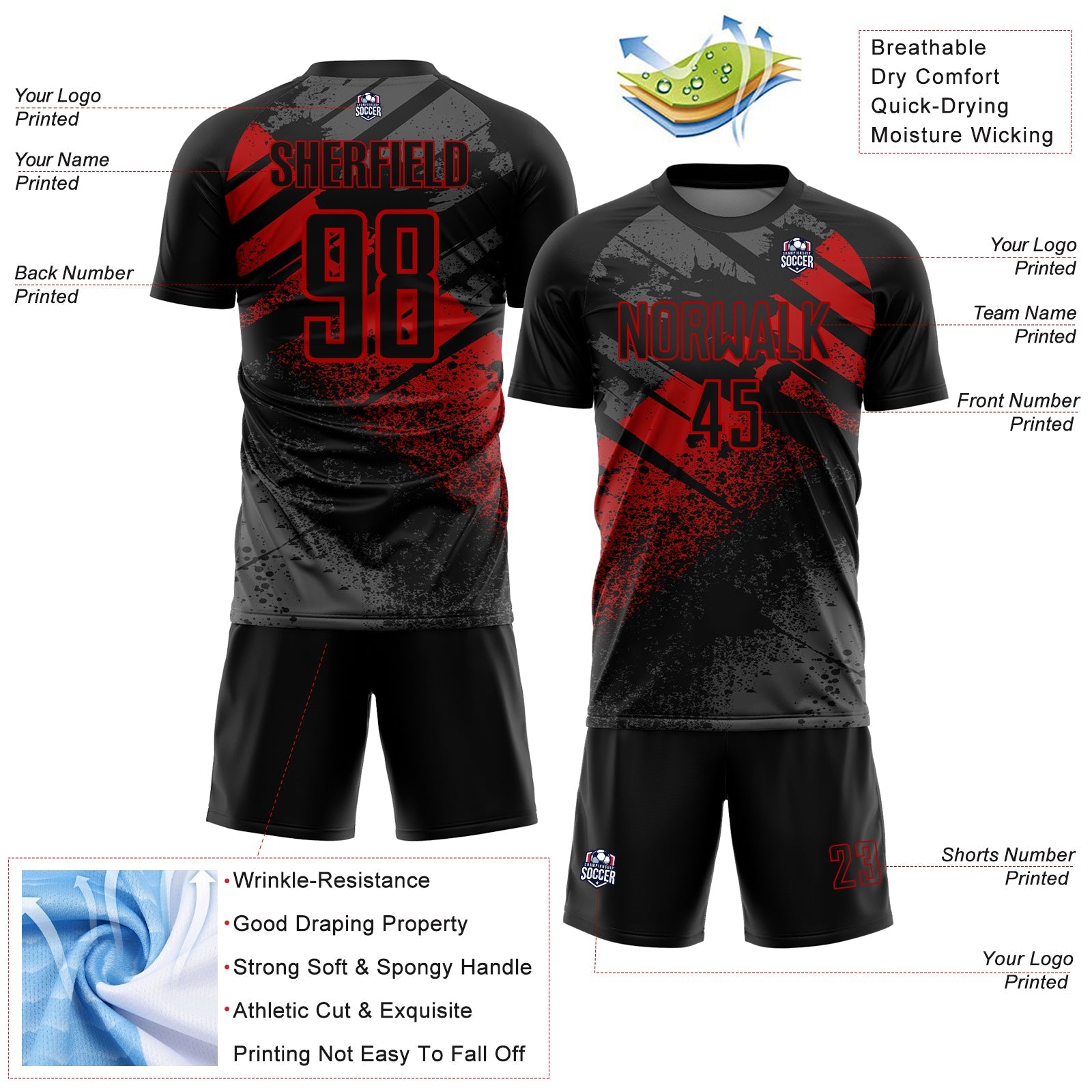 Custom Black-Red Grunge Splatter Brush Stroke Sublimation Soccer Uniform Jersey view 4