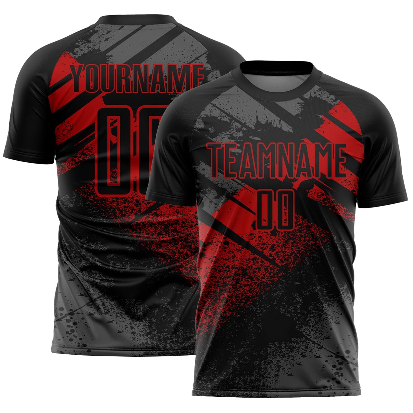 Custom Black-Red Grunge Splatter Brush Stroke Sublimation Soccer Uniform Jersey - Main View