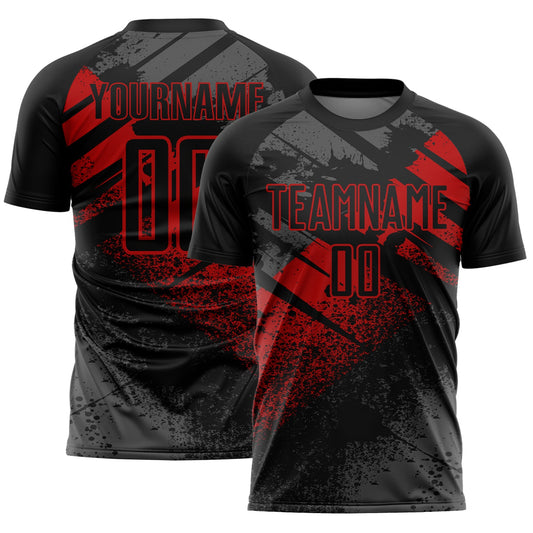 Custom Black-Red Grunge Splatter Brush Stroke Sublimation Soccer Uniform Jersey - Main View