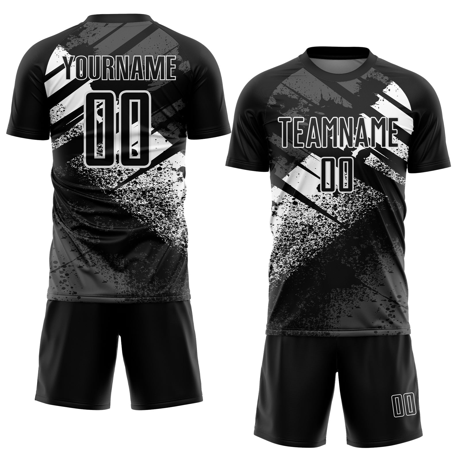 Custom Black-White Grunge Splatter Brush Stroke Sublimation Soccer Uniform Jersey view 2