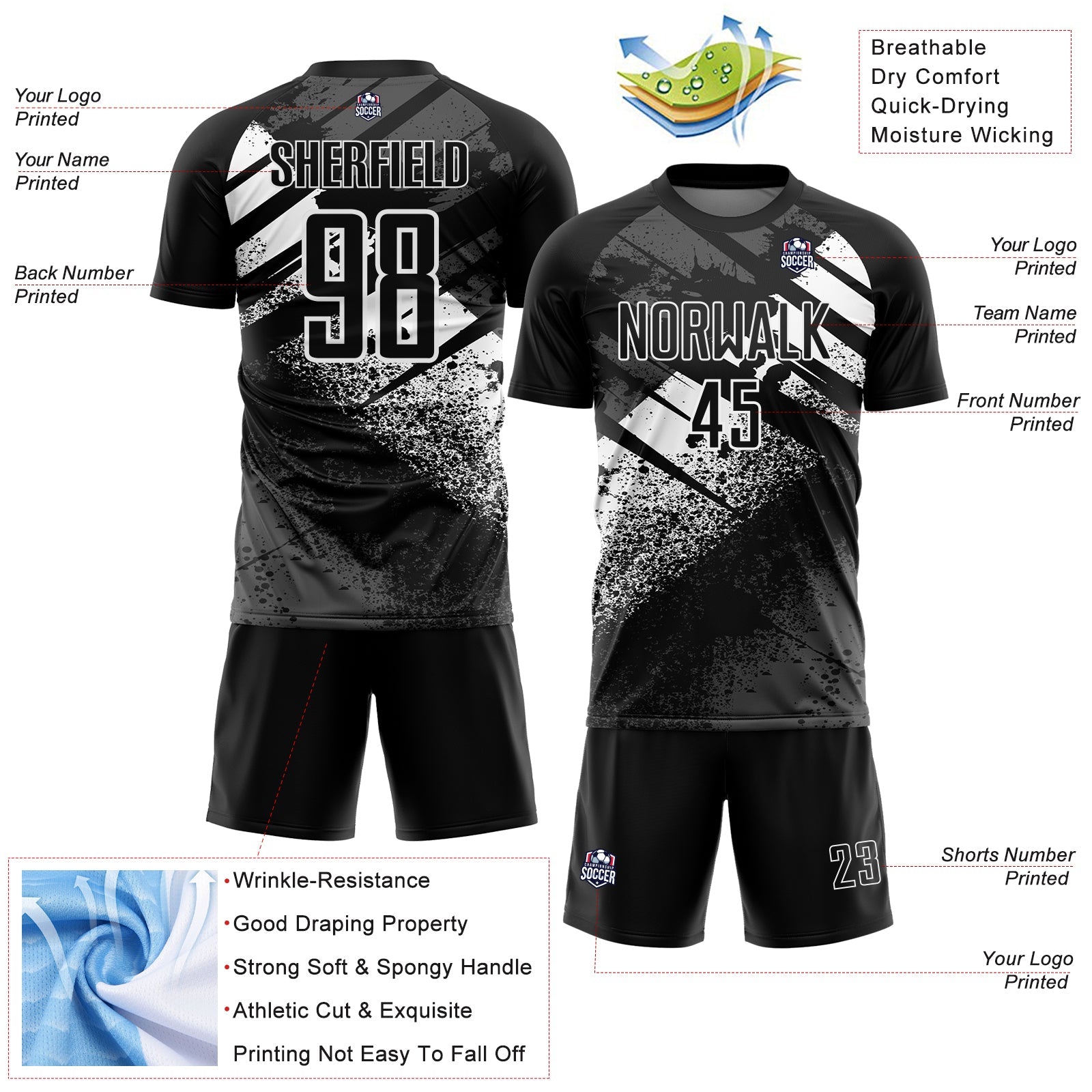 Custom Black-White Grunge Splatter Brush Stroke Sublimation Soccer Uniform Jersey view 4