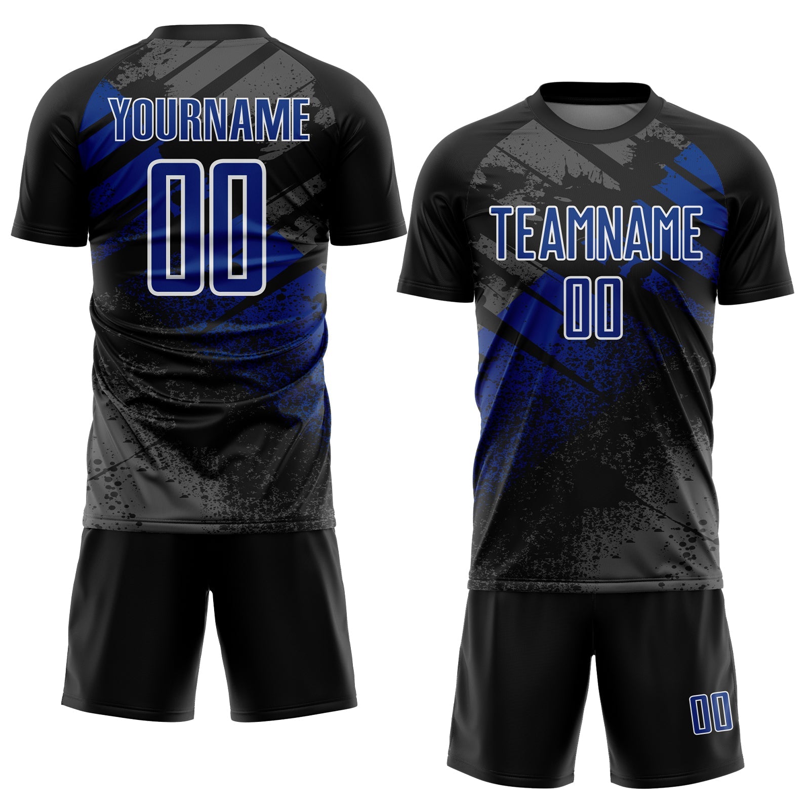 Custom Black Royal-White Grunge Splatter Brush Stroke Sublimation Soccer Uniform Jersey view 2