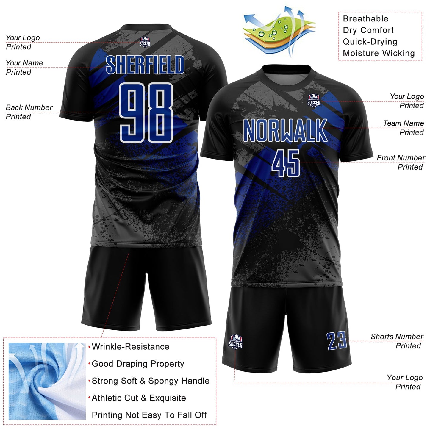 Custom Black Royal-White Grunge Splatter Brush Stroke Sublimation Soccer Uniform Jersey view 4