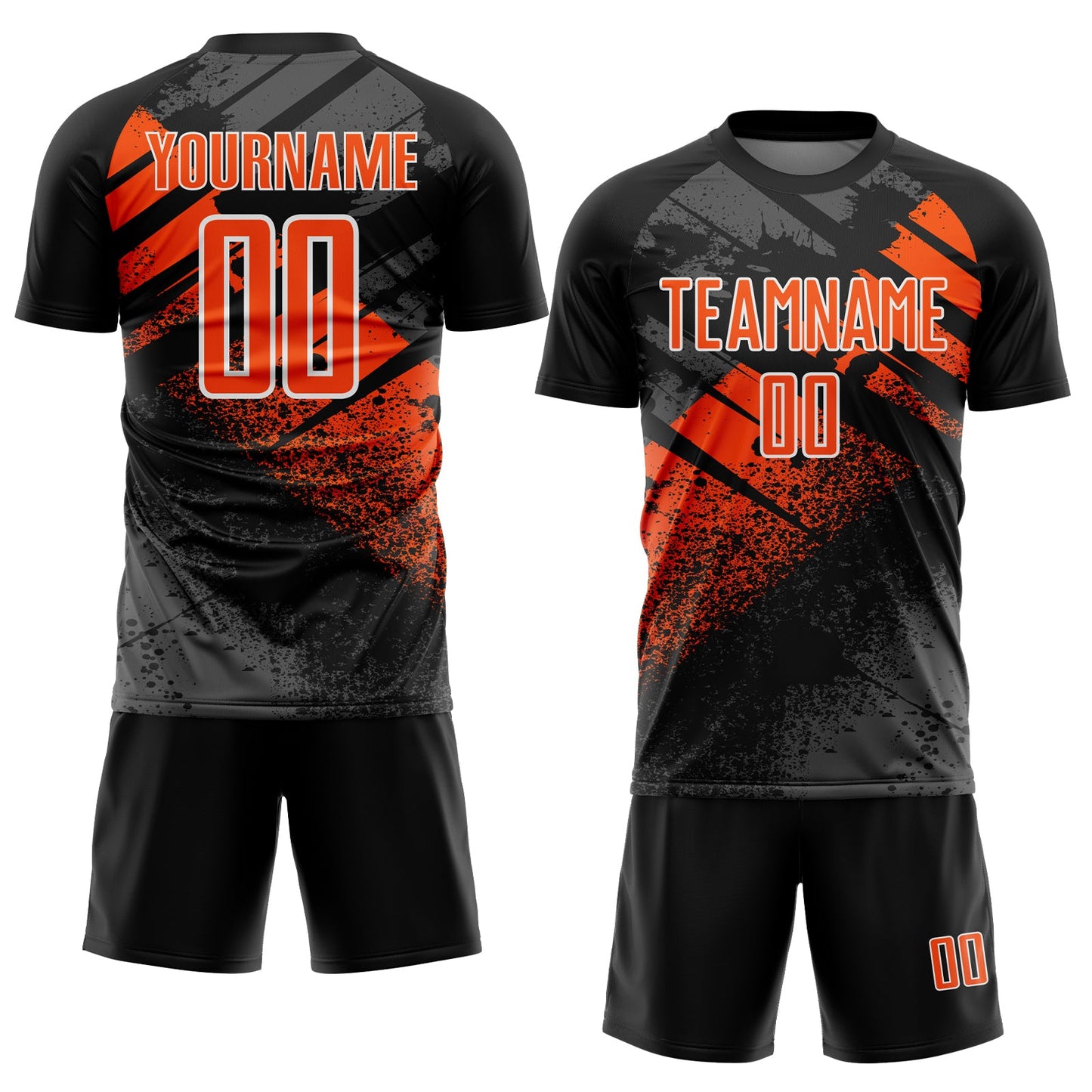 Custom Black Orange-White Grunge Splatter Brush Stroke Sublimation Soccer Uniform Jersey view 2